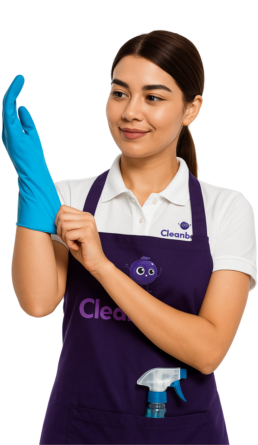 A smiling young professional female cleaner wearing a purple and navy CleanBerry uniform, putting on blue gloves, with the CleanBerry logo visible on her apron. She holds a spray bottle in her front pocket, representing cleanliness and professional home cleaning services.