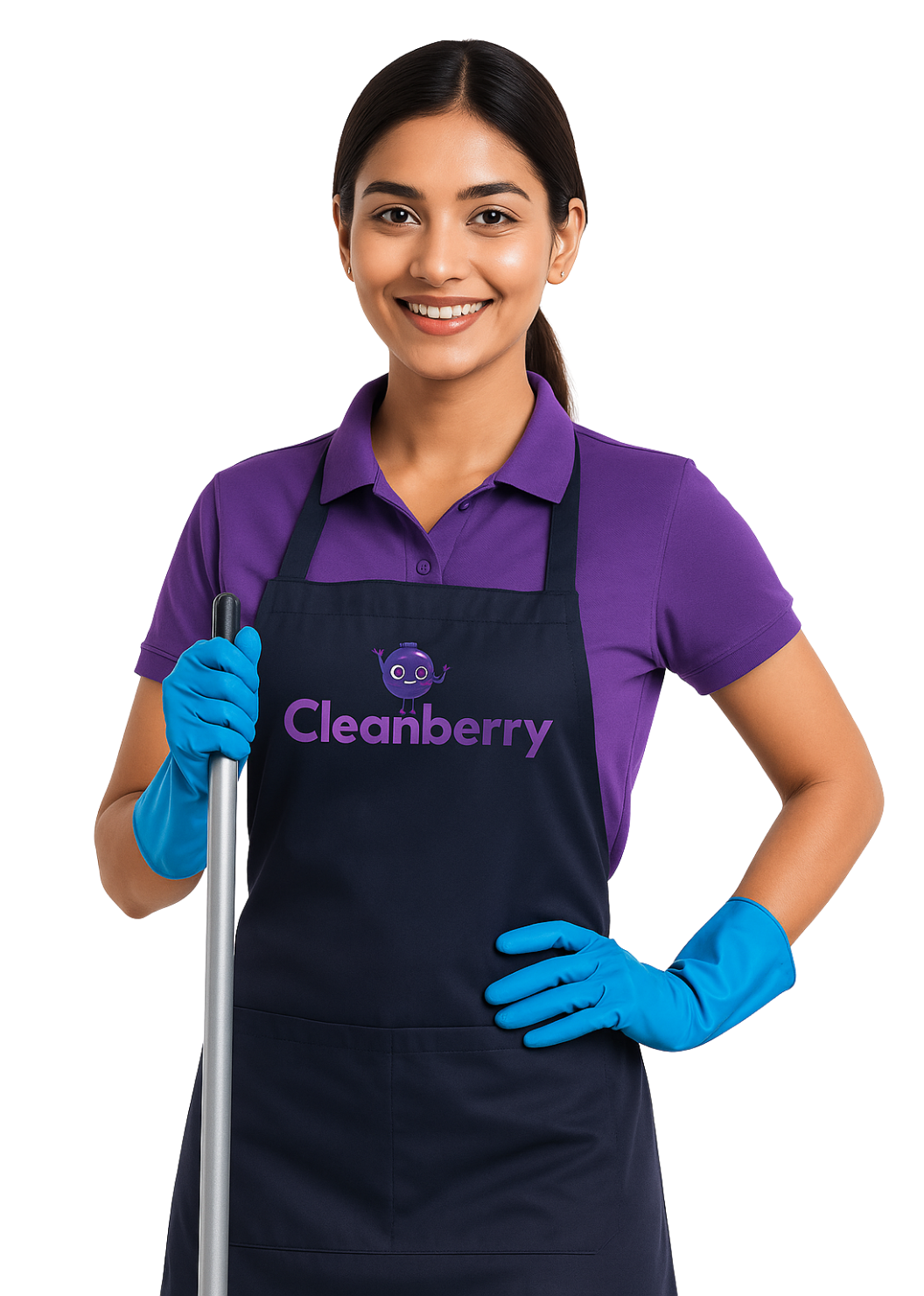 Professional Indian female cleaner wearing a Cleanberry-branded uniform, smiling confidently while holding a mop, ready for cleaning service.